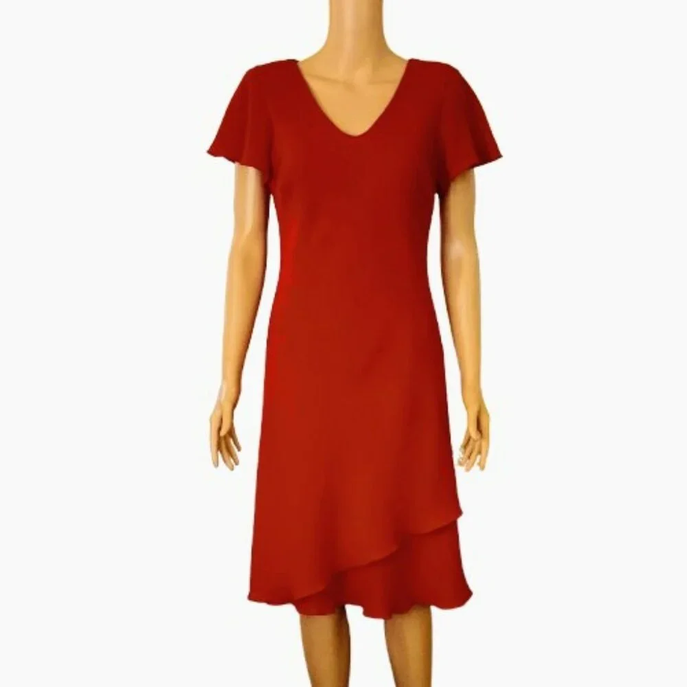 SL Fashion Vintage Red Layered Dress 8  V Neck Short Flutter Sleeve Fully Lined